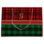 赤と緑のコージープレイドと金ゴールドイニシャル ラージペーパーバッグ (正面)