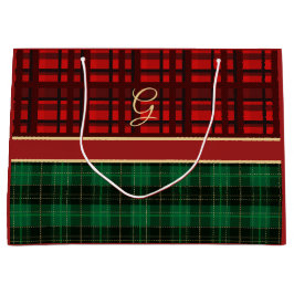 赤と緑のコージープレイドと金ゴールドイニシャル ラージペーパーバッグ