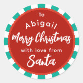 赤と緑のサンタストライプのギフトステッカーから ラウンドシール (正面)