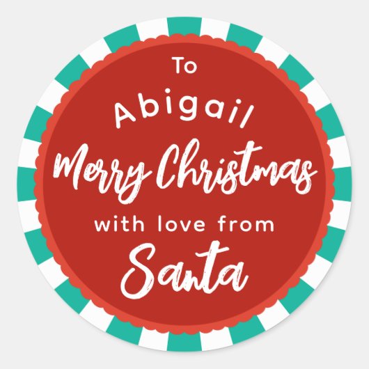 赤と緑のサンタストライプのギフトステッカーから ラウンドシール (正面)