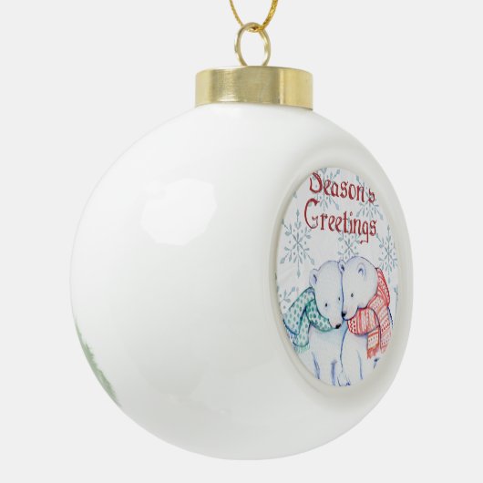 赤と緑のスカーフのかわいいホッキョクグマ セラミックボールオーナメント (左)