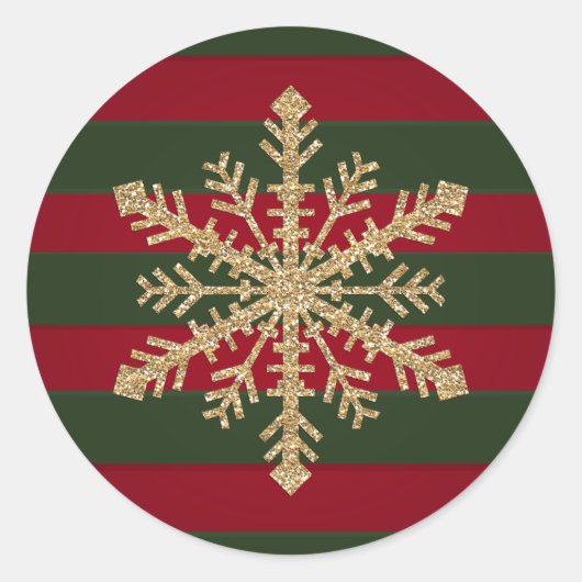 赤と緑のストライプ金ゴールドグリッタースノーフレーク ラウンドシール (正面)