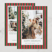 赤と緑のストライプ クリスマス 写真 ホリデーカード (正面/裏面)