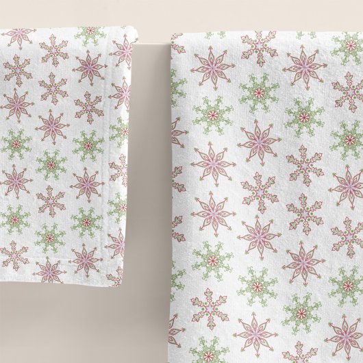 赤と緑のスノーフレークのクリスマスパターン バスタオルセット