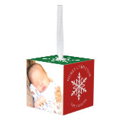 赤と緑のスノーフレークのクリスマスフォト キューブオーナメント (裏面アングル)