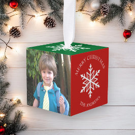 赤と緑のスノーフレークのクリスマスフォト キューブオーナメント