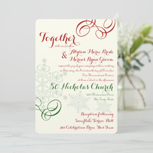 赤と緑のスノーフレーク結婚文字 招待状 (スタンド正面)