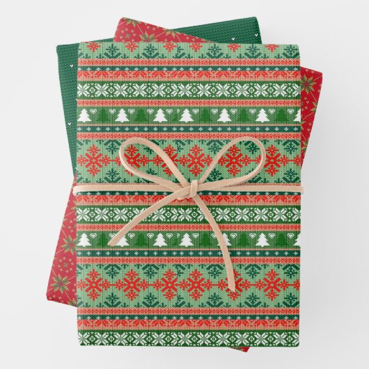 赤と緑のセーター編み模様 ラッピングペーパーシート (インサイチュ)
