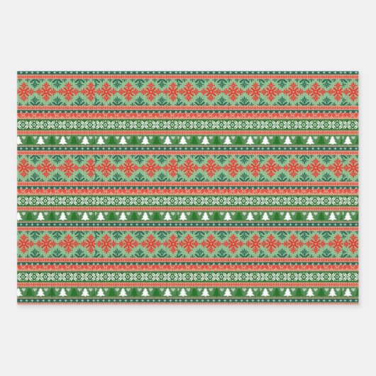 赤と緑のセーター編み模様 ラッピングペーパーシート (正面)