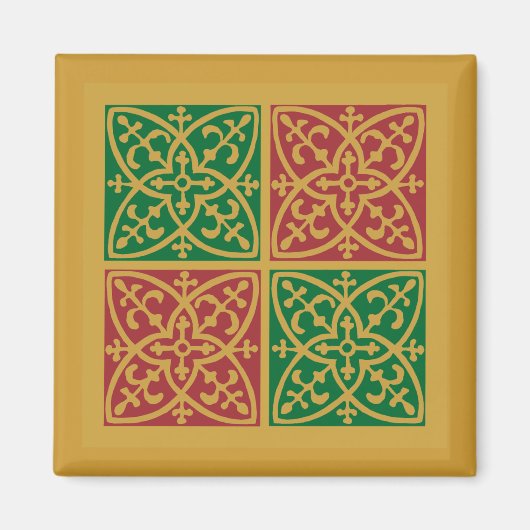 赤と緑のタイルアートの金ゴールドパターン マグネット (正面)