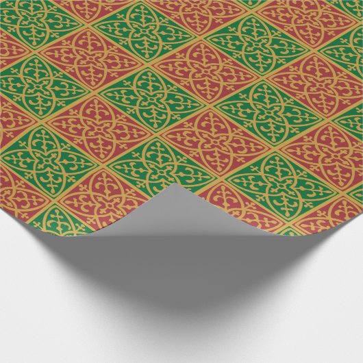 赤と緑のタイルアートの金ゴールドパターン ラッピングペーパー (角)
