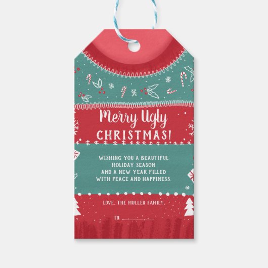 赤と緑のタッキーな醜いクリスマスのセーター ギフトタグ (正面)