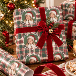 赤と緑のタータンチェックのクリスマスにぴったりな面白い顔の写真 ラッピングペーパー