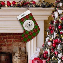 赤と緑のタータンチェックの冬のリースのペット犬の写真 スモールクリスマスストッキング