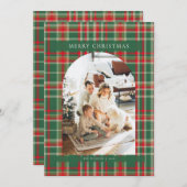 赤と緑のタータンチェックの格子模様の写真クリスマスカード シーズンカード (正面/裏面)