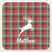 赤と緑のタータンチェッククリスマスプレド スクエアペーパーコースター (正面)