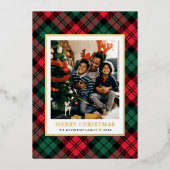 赤と緑のタータンチェック格子模様クリスマスフォト金ゴールド 箔シーズンカード (正面)