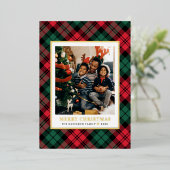 赤と緑のタータンチェック格子模様クリスマスフォト金ゴールド 箔シーズンカード (立ち正面)
