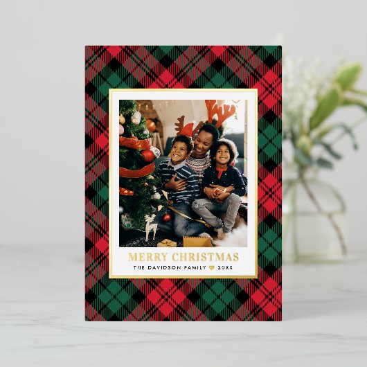 赤と緑のタータンチェック格子模様クリスマスフォト金ゴールド 箔シーズンカード (立ち正面)