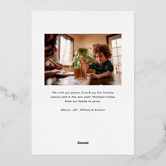 赤と緑のタータンチェック格子模様クリスマスフォト金ゴールド 箔シーズンカード (裏面)