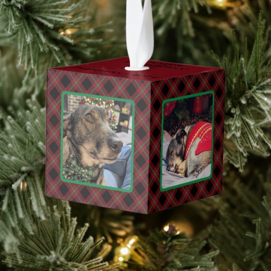 赤と緑のタータンチェック4 Photo Dog キューブオーナメント (ツリー)