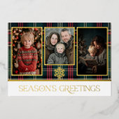 赤と緑のタータン・プレイド シーズンズ・グリーティングス 写真 箔シーズンカード (正面)