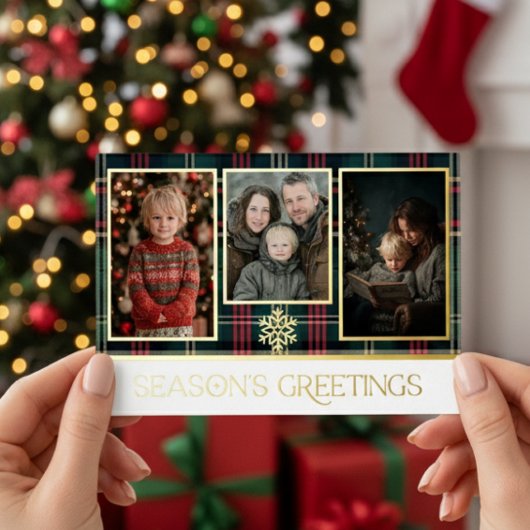 赤と緑のタータン・プレイド シーズンズ・グリーティングス 写真 箔シーズンカード