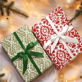 赤と緑のダマスク柄 クリスマス ラッピングペーパーシート