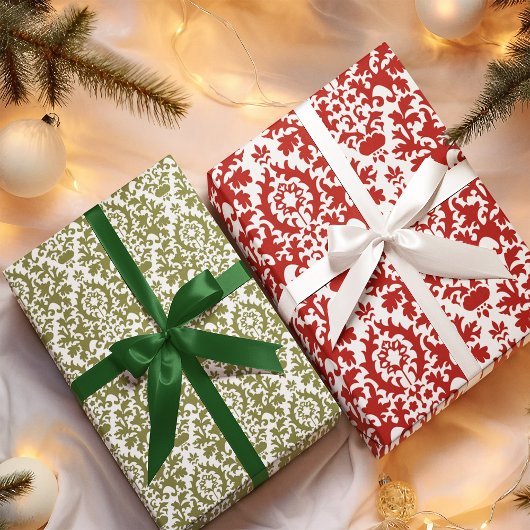 赤と緑のダマスク柄 クリスマス ラッピングペーパーシート