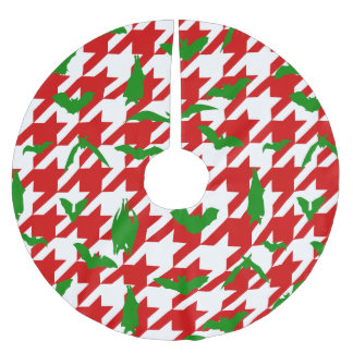 赤と緑のダーククリスマス柄バット ブラッシュドポリエステルツリースカート