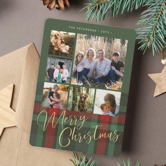 赤と緑のチェック柄の写真コラージュ メリークリスマス シーズンカード