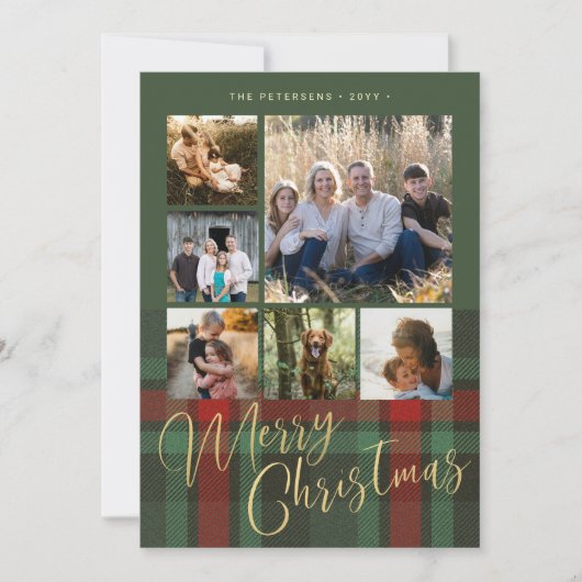 赤と緑のチェック柄の写真コラージュ　メリークリスマス シーズンカード (正面)