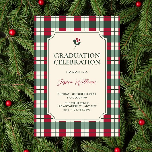 赤と緑のチェック柄 タータンチェック スクール卒業式 招待状