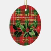 赤と緑のチェック柄 | 家族第一のクリスマス写真 セラミックオーナメント (右)