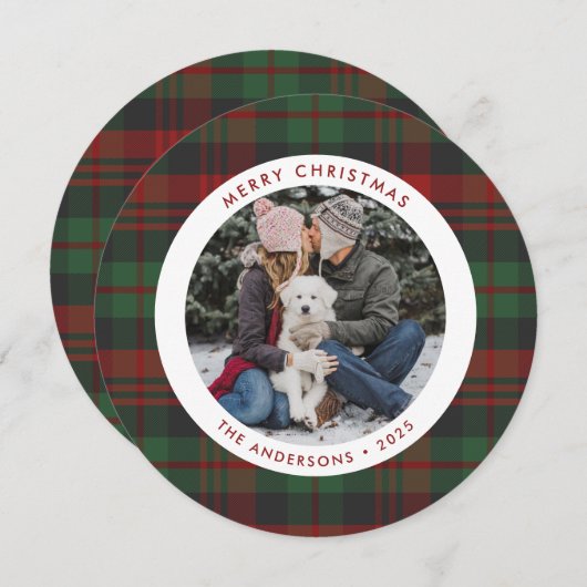 赤と緑のチェック柄 1枚の写真のクリスマスカード シーズンカード (正面/裏面)