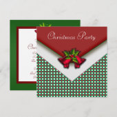 赤と緑のチェック 赤いベルとホーリー クリスマスパーティー 招待状 (正面/裏面)
