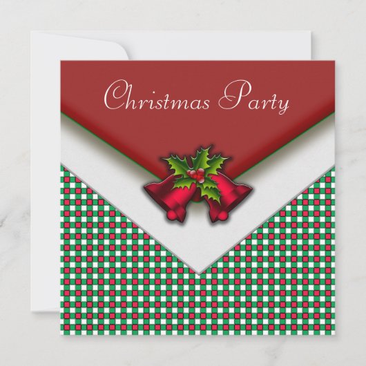 赤と緑のチェック 赤いベルとホーリー クリスマスパーティー 招待状 (正面)
