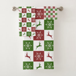 赤と緑のトナカイのクリスマスパターン バスタオルセット