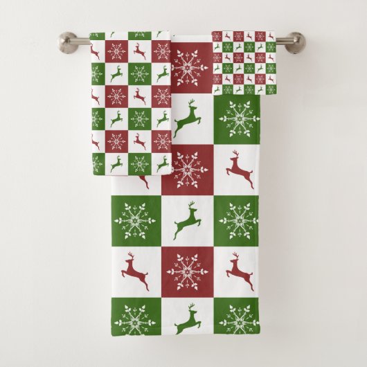 赤と緑のトナカイのクリスマスパターン バスタオルセット (インサイチュ)