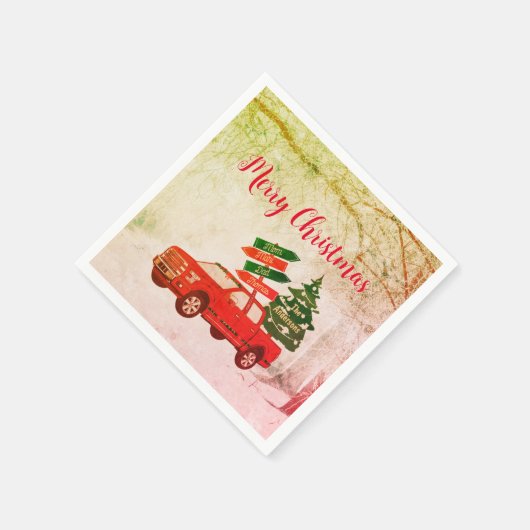 赤と緑のトラックのヴィンテージ素朴メリークリスマス スタンダードカクテルナプキン (角)