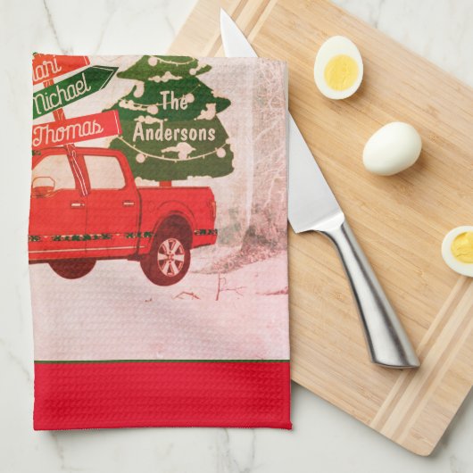 赤と緑のトラック家族ヴィンテージメリークリスマス キッチンタオル (四つ折り)