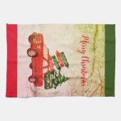 赤と緑のトラック家族ヴィンテージメリークリスマス キッチンタオル (横)