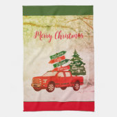 赤と緑のトラック家族ヴィンテージメリークリスマス キッチンタオル (縦)