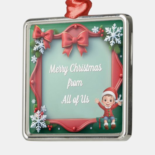 赤と緑のハッピーホリデーフレームと弓 メタルオーナメント (左)