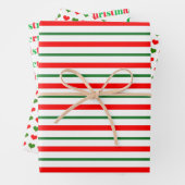 赤と緑のハートストライプのがクリスマスを祝う ラッピングペーパーシート (インサイチュ)