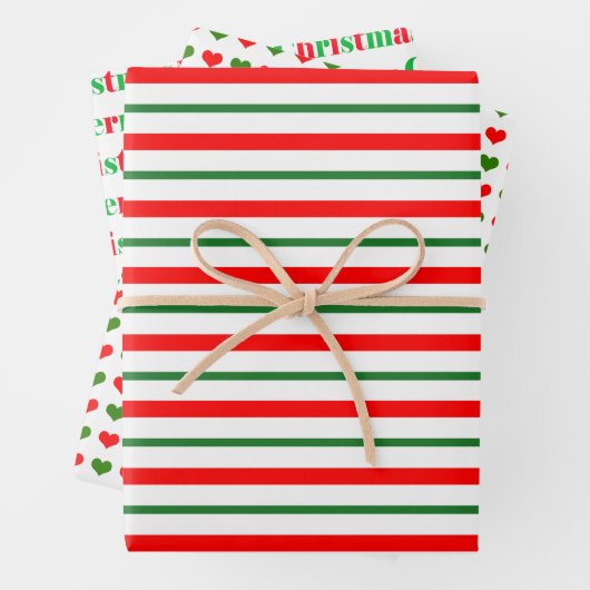 赤と緑のハートストライプのがクリスマスを祝う ラッピングペーパーシート (インサイチュ)