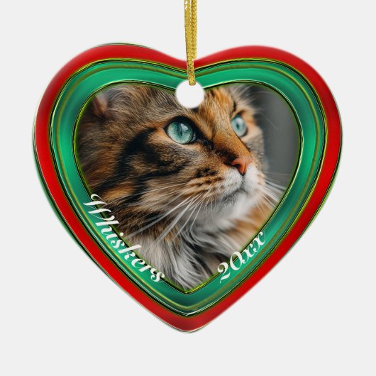 赤と緑のハートパーソナライズされた(写真) セラミックオーナメント (正面)