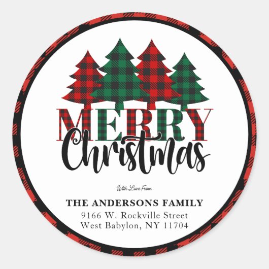 赤と緑のバッファローの格子柄メリークリスマス ラウンドシール (正面)