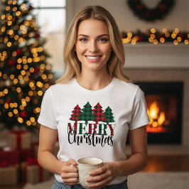 赤と緑のバッファローの格子柄メリークリスマス Tシャツ