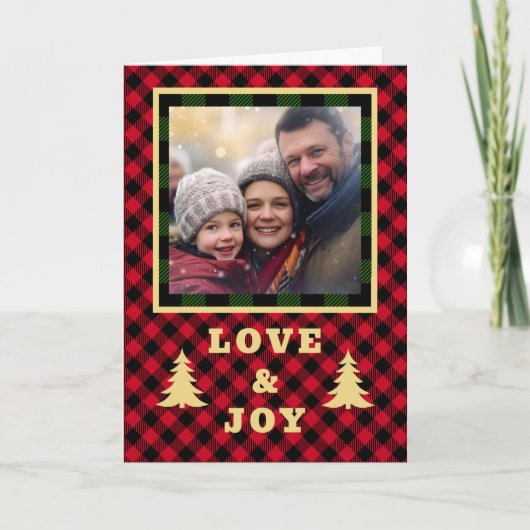 赤と緑のバッファロープレイドカスタム写真ラブジョイ シーズンカード (正面)